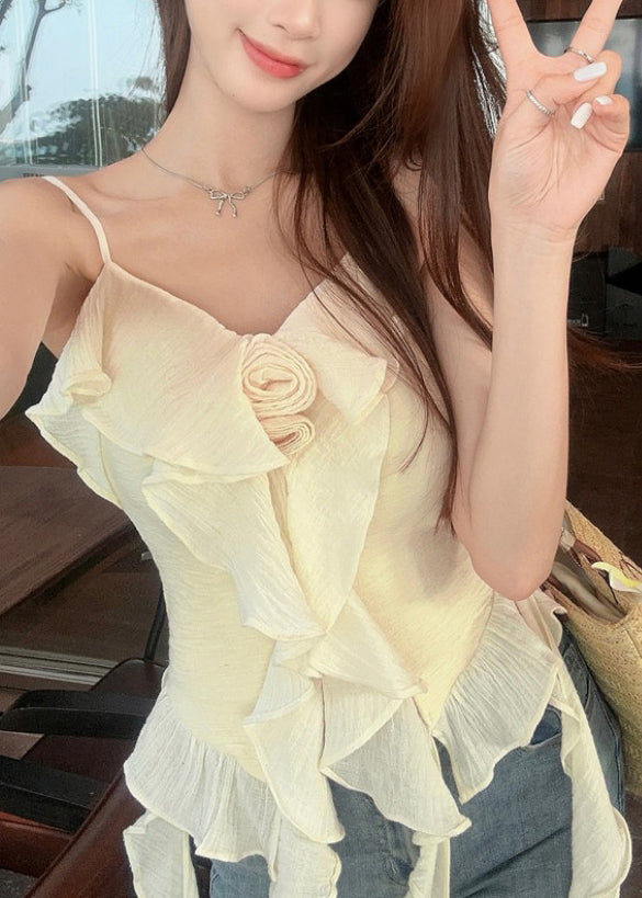 Apricot Ruffled Cotton Spaghetti Strap Tank Sleeveless