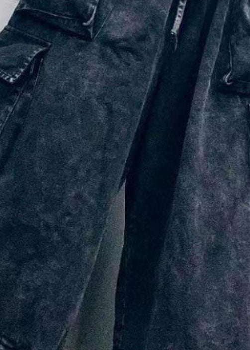 Black Cinched Pockets Denim Pants Spring