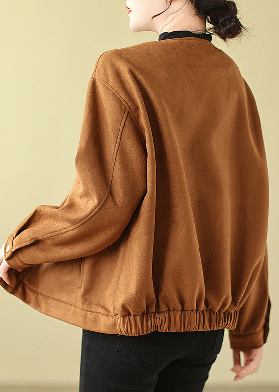 Camel Faux Suede Jacket O-neck Oversized Spring