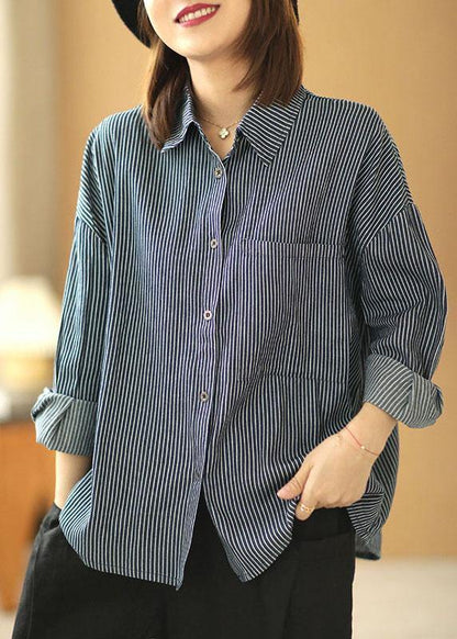 Italian Navy Striped Peterpan Collar Button Pockets Fall Top Long Sleeve