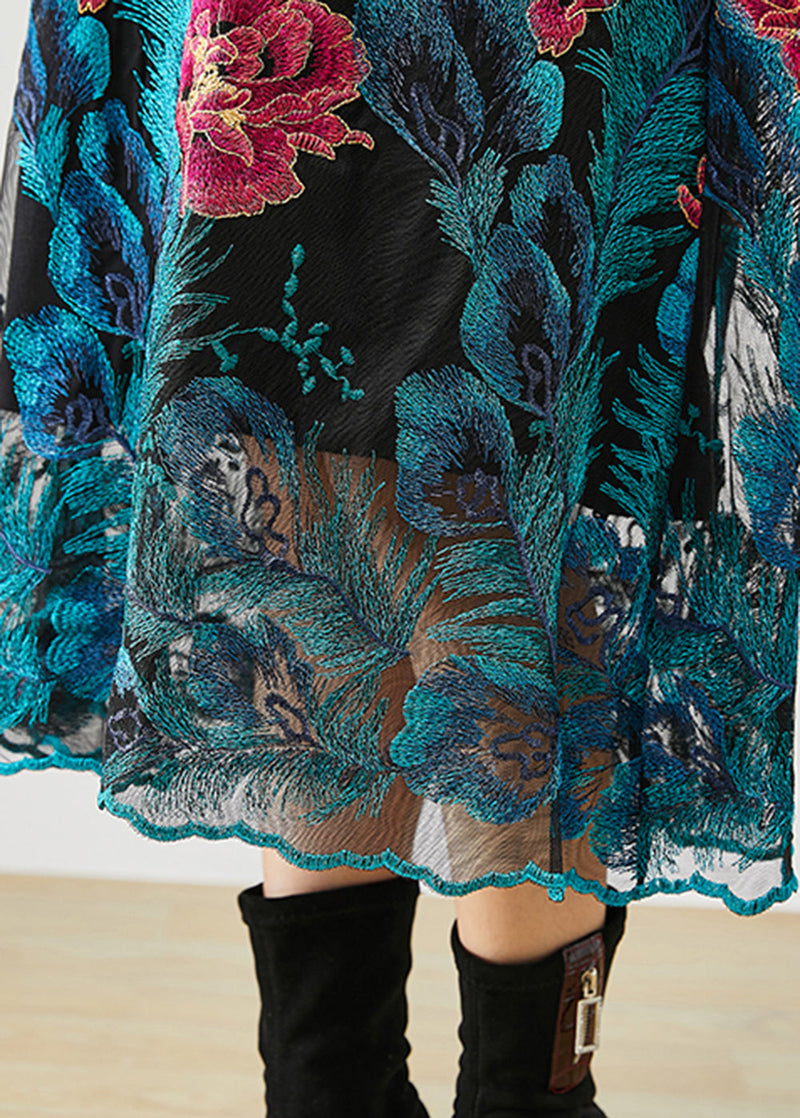 Art Blue Embroideried Knit Long Dress Fall