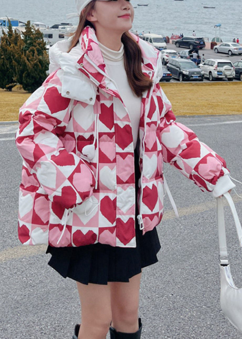 Pink Hooded Heart Print Fine Cotton Filled Jacket in Winter