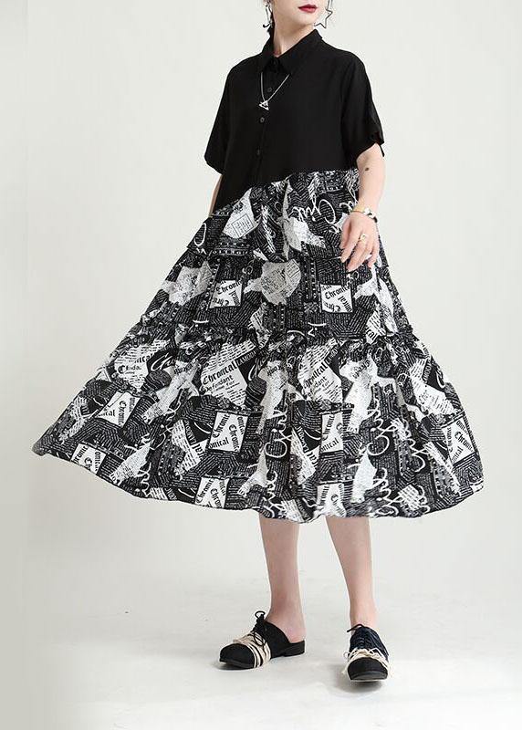 Natural Black Print Patchwork Summer Button Maxi Dresses