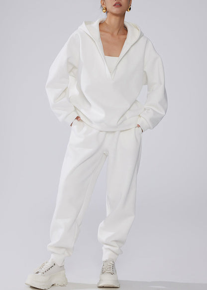 White Pockets Elastic Waist Warm Fleece Winter Two Pieces Set Hooded