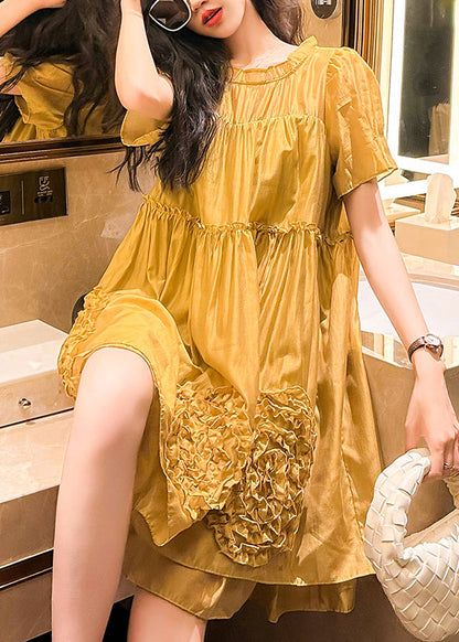Yellow Ruffled Patchwork Chiffon Dresses Summer
