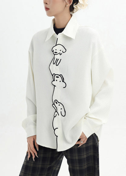 White Little Dog Embroidered Cotton Shirt Spring
