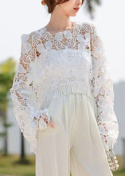 Stylish White Tasseled Hollow Out Butterfly Knit Tops Summer