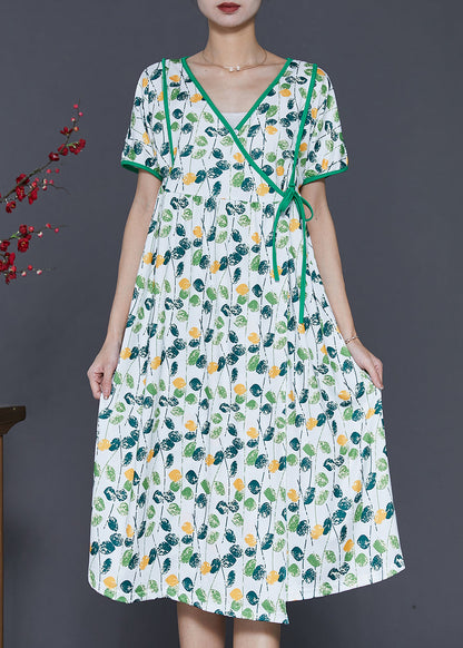 Green V Neck Print Cotton Dresses Summer