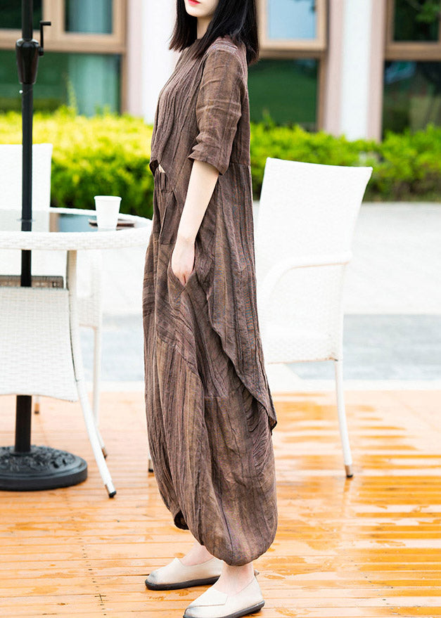 Chocolate O-neck Asymmetrical Linen Top and Lantern Pants Two Pieces Set Summer