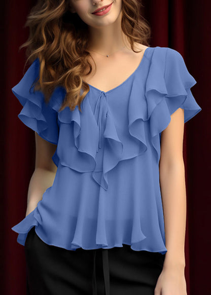 Light Grey Ruffled Lace Up Chiffon Top Summer