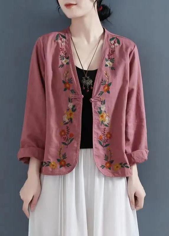 Carmine Embroideried Button Patchwork Linen Coats Summer