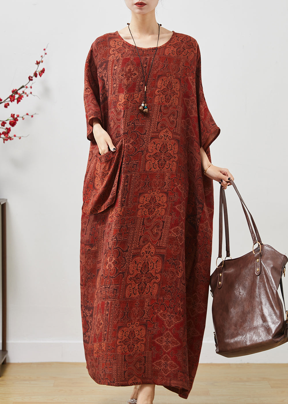 French Orange Oversized Print Cotton Ankle Dress Batwing Sleeve Summer