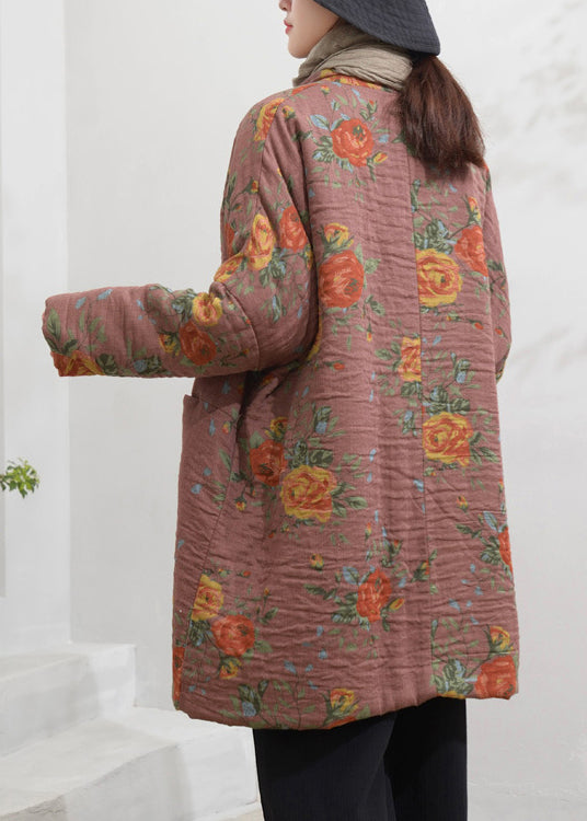 Pink Stand Collar Pockets Print Fine Cotton Filled Coat Winter