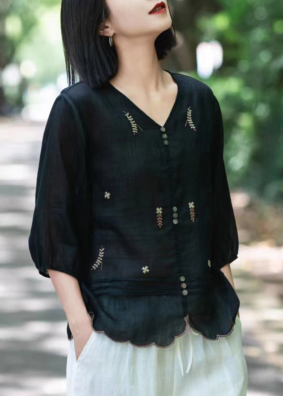 Pink V Neck Embroideried Wrinkled Ramie Tops Fall