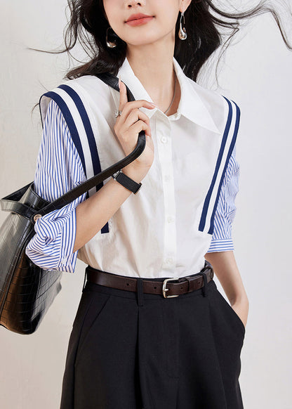 White Peter Pan Collar Striped Patchwork Top Half Sleeve