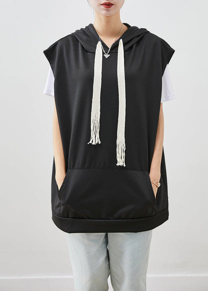 Black Hooded Drawstring Cotton Vest Fall