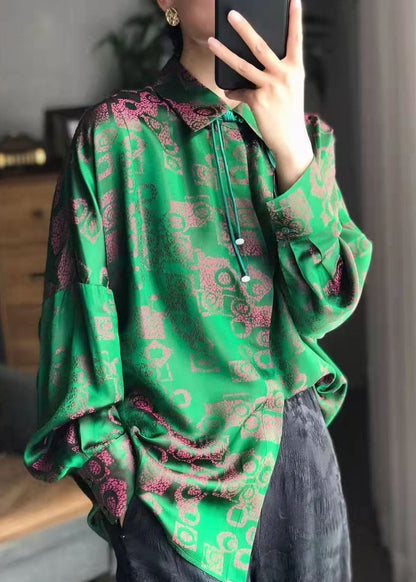 Green Peter Pan Collar Print Patchwork Silk Shirt Fall