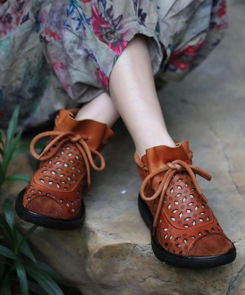 Hollow Out Lace Up Splicing Boots Brown Cowhide Leather