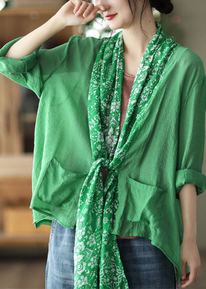 Simple Green Asymmetrical Design Linen Upf 50+ Coat Long Sleeve