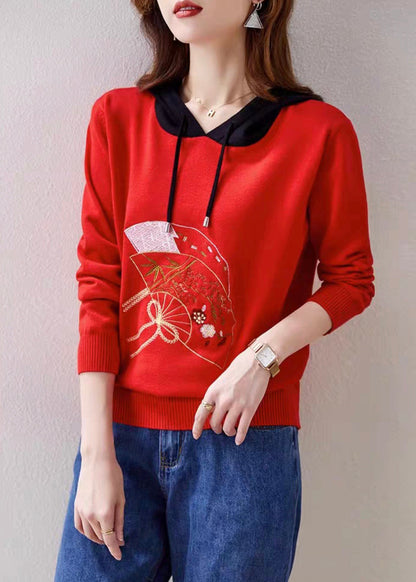 Red Hooded Embroideried Patchwork Knit Top Fall