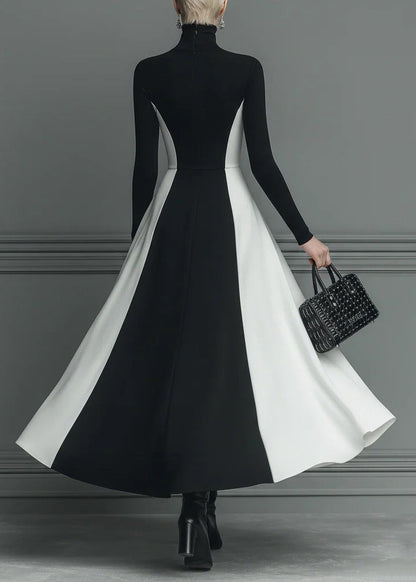 Fitted Black Hign Neck Patchwork Cotton Long Dress Spring