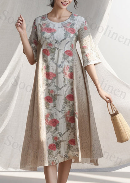 White Print Patchwork Cotton a Line Dress Summer