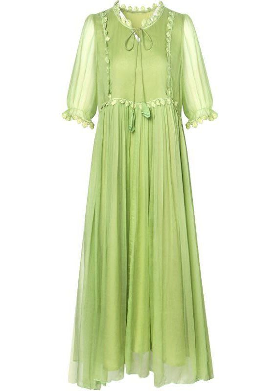 French Green O-neck Lace Up Exra Large Hem Silk Long Dress Half Sleeve