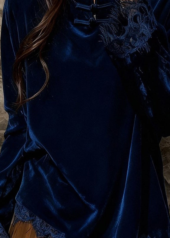 Peacock Blue Mandarin Collar Patchwork Lace Silk Velour Top Spring