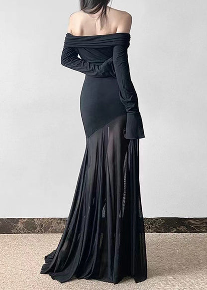 Fine Black Cold Shoulder Patchwork Tulle Party Dress Spring