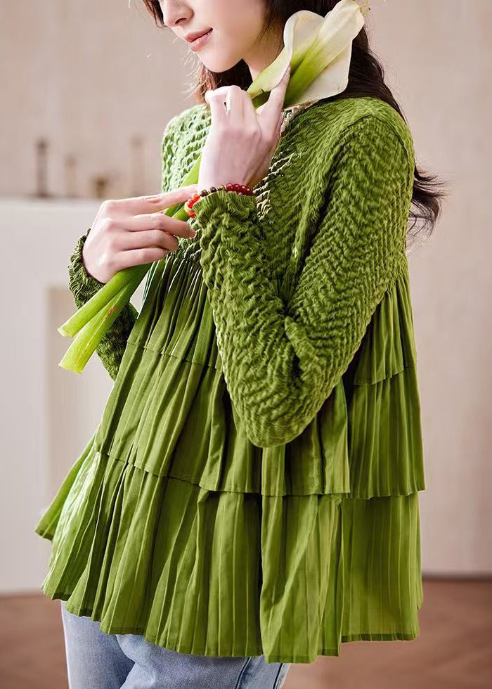 Green O Neck Wrinkled Patchwork Chiffon Top Long Sleeve