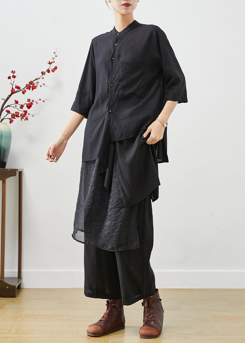 Style Black Asymmetrical Patchwork Linen Silk Two Pieces Set Spring