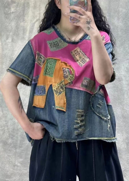 Orange Print Hole Patchwork T Shirt Denim Summer