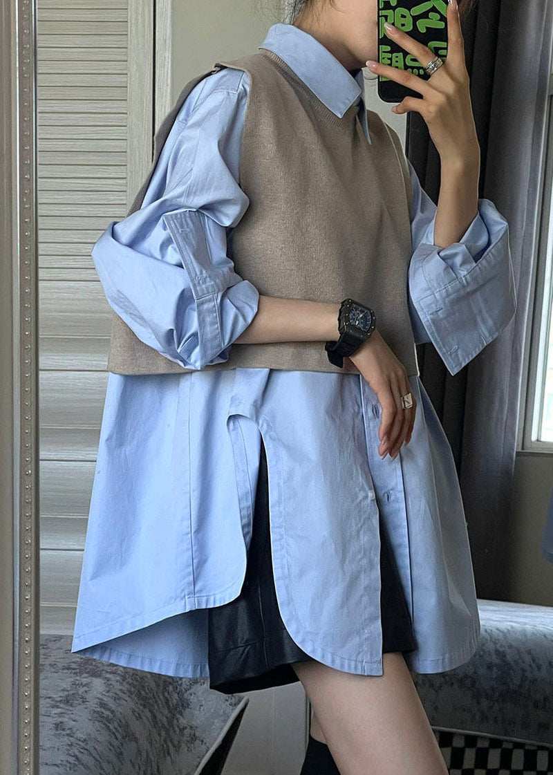 Modern Grey Side Open Knit Waistcoat and Shirts Two Pieces Set Long Sleeve