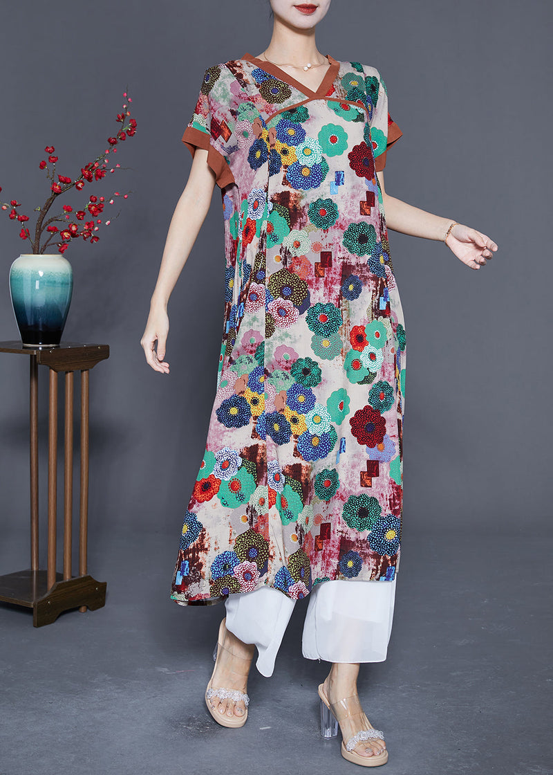 Khaki Print Cotton Long Dress O-neck Summer