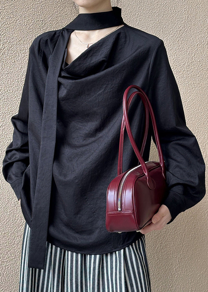 Black Loose Cotton Shirt Bow Long Sleeve