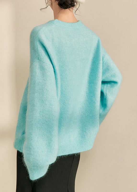 Blue Print Patchwork Thick Cotton Knit Sweater Long Sleeve Fall