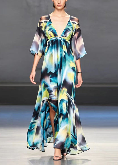 V Neck Tie Dye Side Open Chiffon Party Dresses Summer