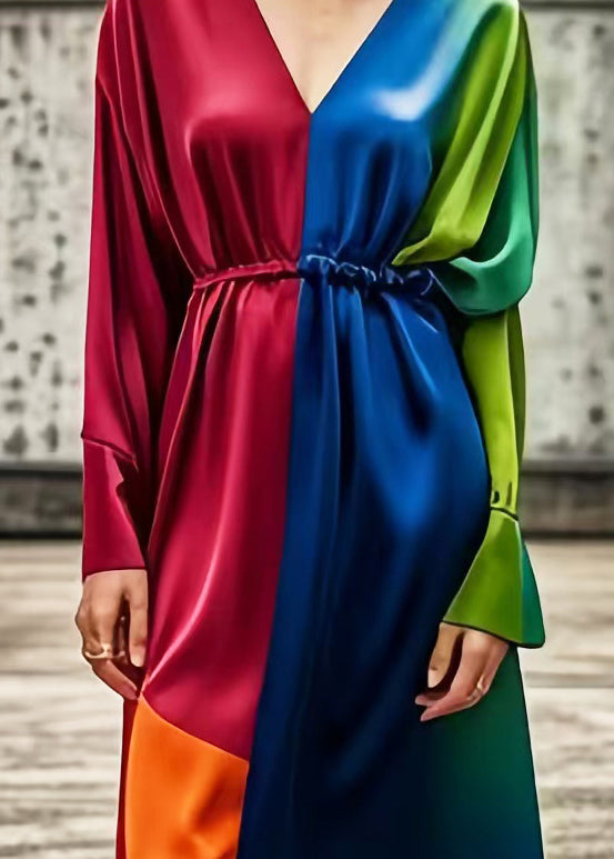 Diy Colorblock V Neck Patchwork Tie Dye Silk Dress Spring