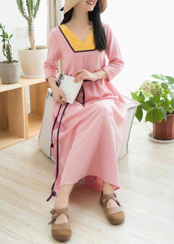 V Neck Patchwork Spring Clothes Fabrics Pink Maxi Dress