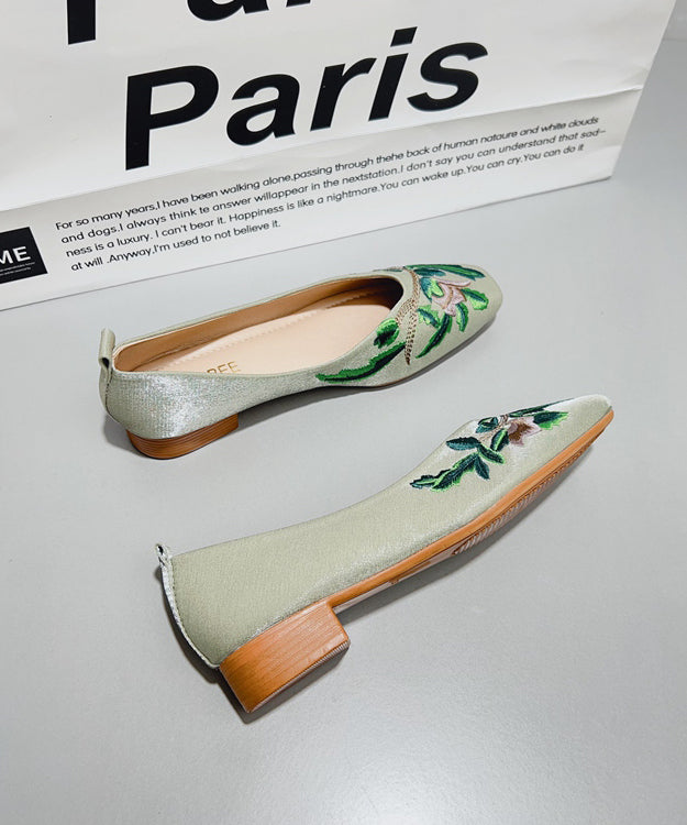 Chinese Style Green Satin Embroidered Flat Feet Shoes