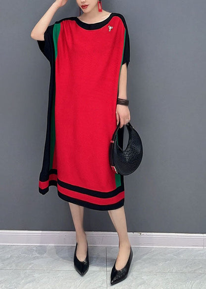 Loose Red O-neck Knit Sweater Dresses Short Sleeve