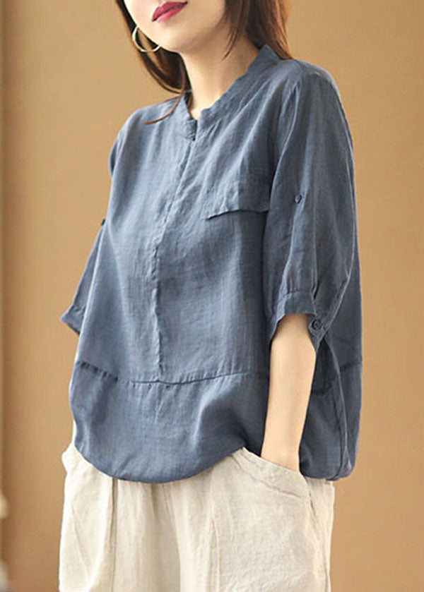 Stylish Army Green O-neck Zip Up Patchwork Linen Blouse Top Short Sleeve