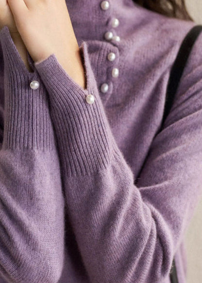 Blue Turtleneck Pearl Patchwork Cozy Cotton Knit Sweater Spring