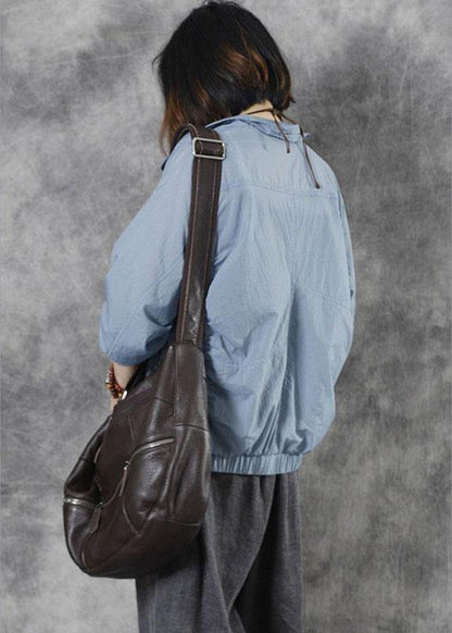 Diy Blue Stand Collar Zippered Fall Long Sleeve Top