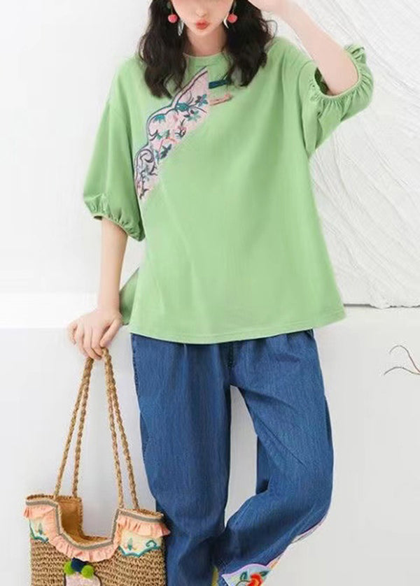 Original Green O-neck Embroideried Cotton T Shirts Summer