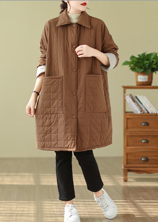 Coffee Peter Pan Collar Pockets Fine Cotton Filled Coat Winter
