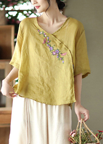 Unique Yellow V Neck Embroideried Linen T Shirt Half Sleeve