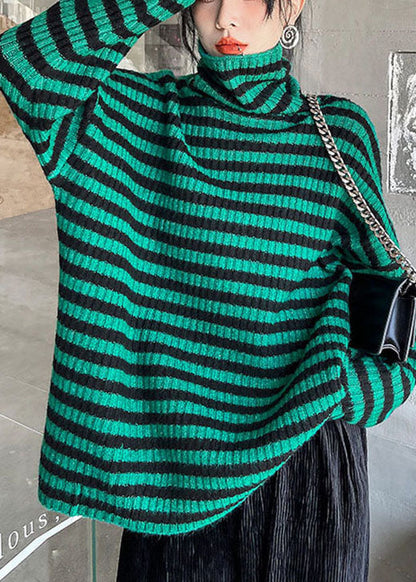 Organic Green Turtleneck Striped Cozy Fall Knit Sweater