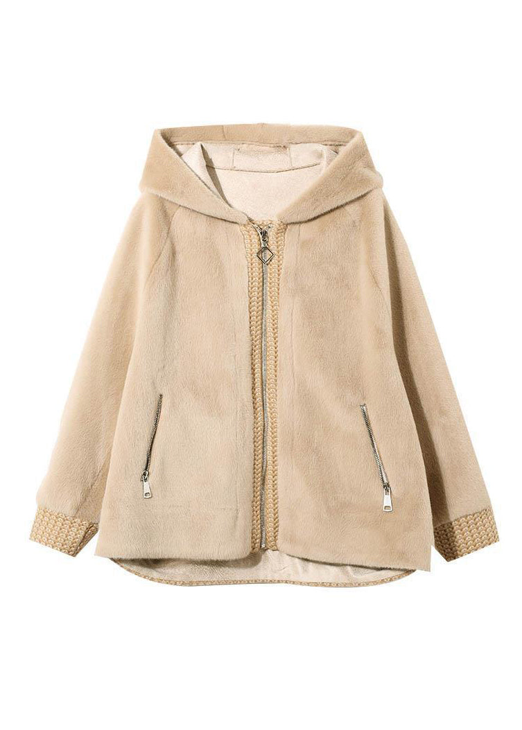 Apricot Hooded Patchwork Faux Fur Coats Winter