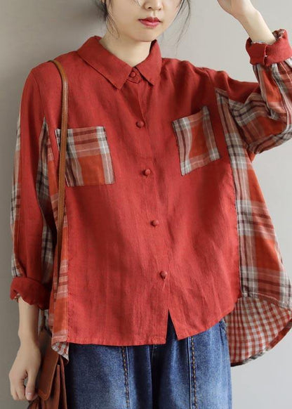 Modern Red Plaid Clothes for Lapel Patchwork Spring Top